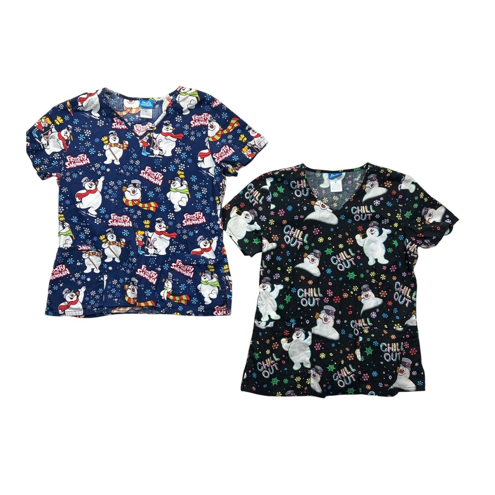 Frosty the Snowman Scrub Tops Women M Navy Black Christmas Holiday Lot of 2
